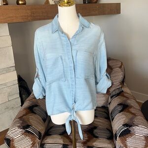 Evereve Cloth & Stone Chambray Tie Waist Button Top
